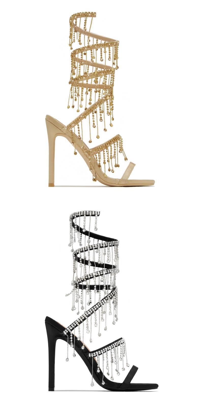 Sandales à talons aiguilles en satin noir et or avec strass, talon de 11 cm, bout carré, boucle d'été
