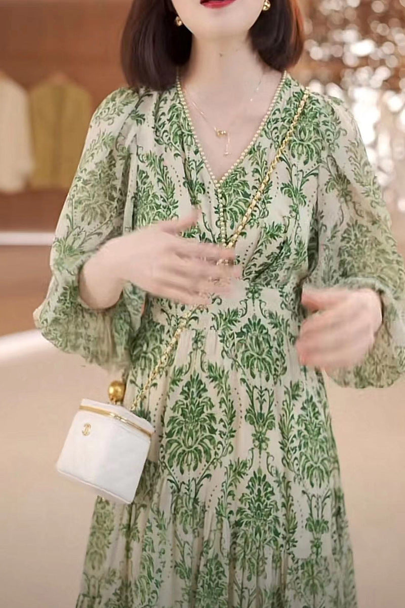 فستان نسائي فرنسي مزين بالزهور بقصة A-line للصيف والخريف