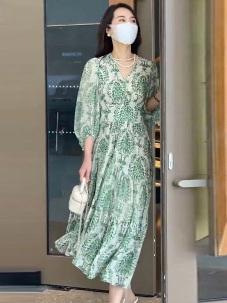 فستان نسائي فرنسي مزين بالزهور بقصة A-line للصيف والخريف