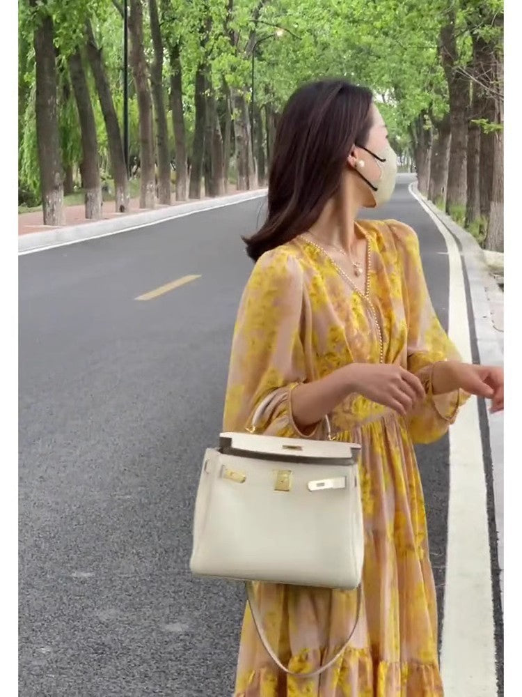 French Women Floral Dress For Summer And Autumn