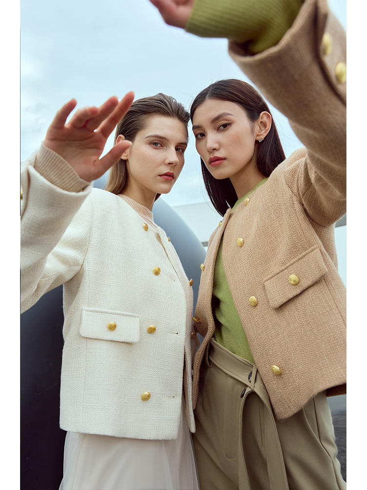 Veste courte de printemps ample à double boutonnage et col rond pour femme