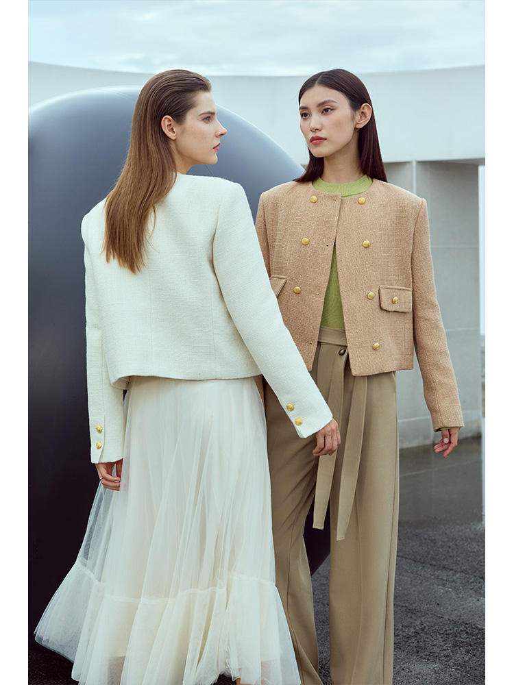 Veste courte de printemps ample à double boutonnage et col rond pour femme