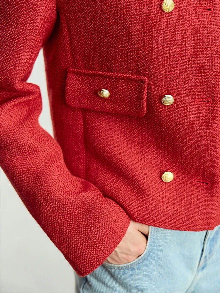 Women's Spring Short Loose Round Neck Double Breasted Jacket