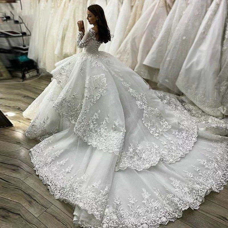 Ivory White Off-Shoulder Lace Bridal Wedding Dress with Trailing Skirt
