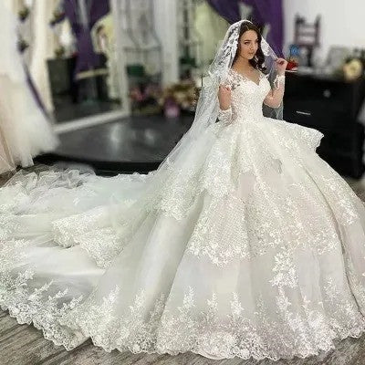 Ivory White Off-Shoulder Lace Bridal Wedding Dress with Trailing Skirt