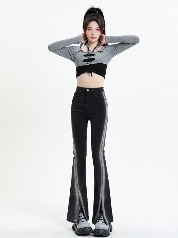 New Black Gradient Split Skinny Jeans For Women