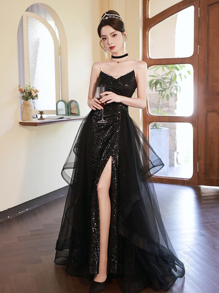 Robe de soirée sans manches noire à sequins
