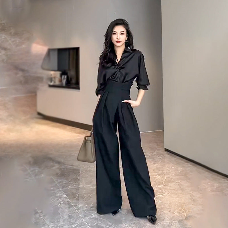 Pantalon ample noir taille haute à drapé pour femme