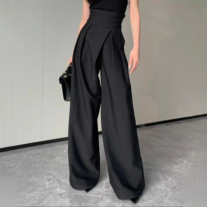 Pantalon ample noir taille haute à drapé pour femme