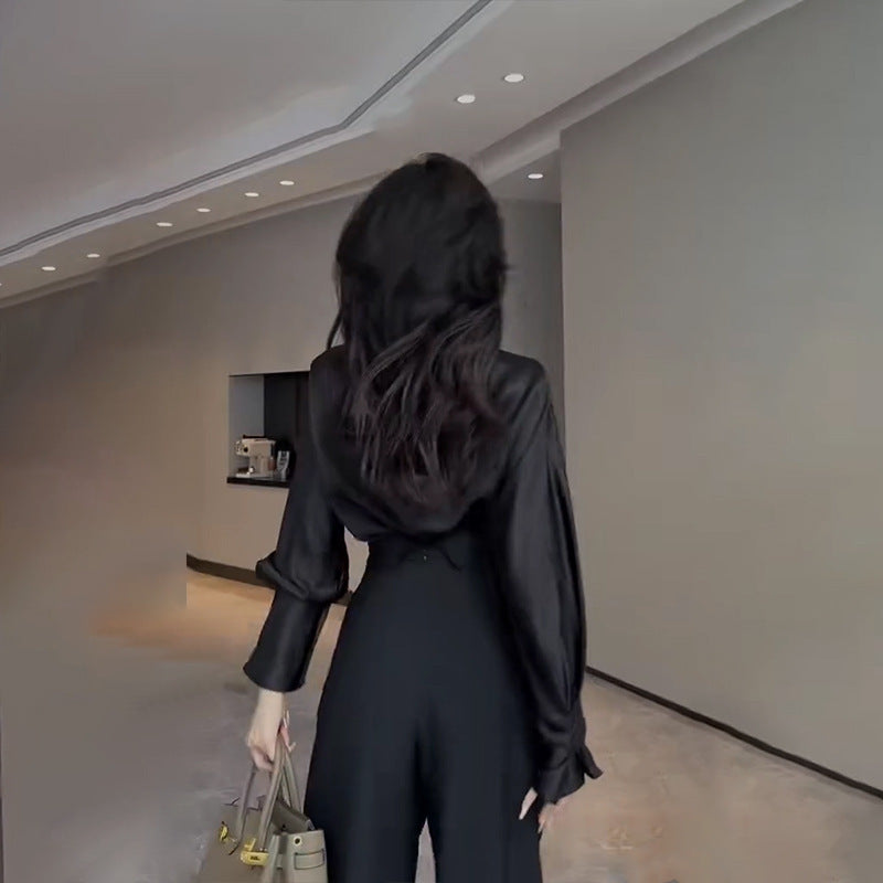 Pantalon ample noir taille haute à drapé pour femme