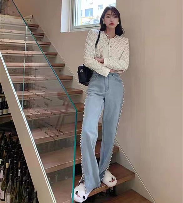 Jean skinny femme bleu clair taille haute avec fente et perles