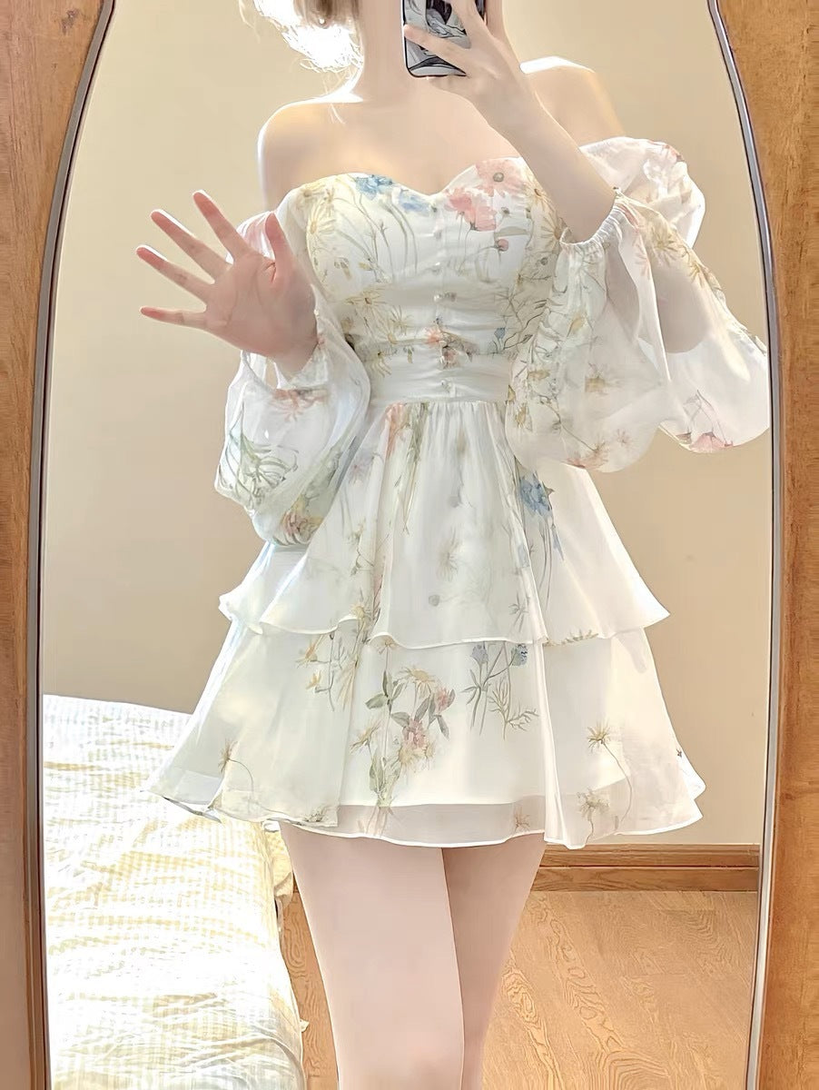 Puffy Waist-tight French Style Long Sleeve Floral Dress Women