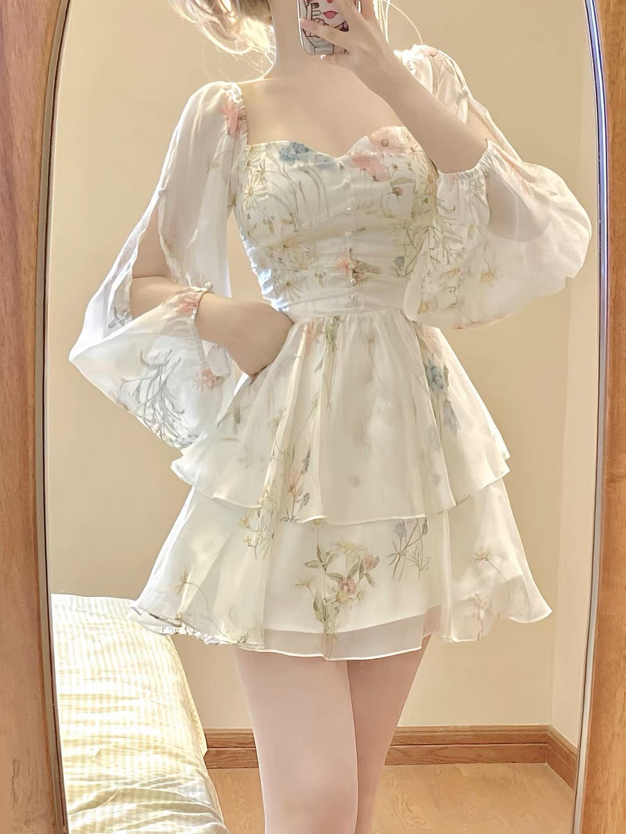 Puffy Waist-tight French Style Long Sleeve Floral Dress Women