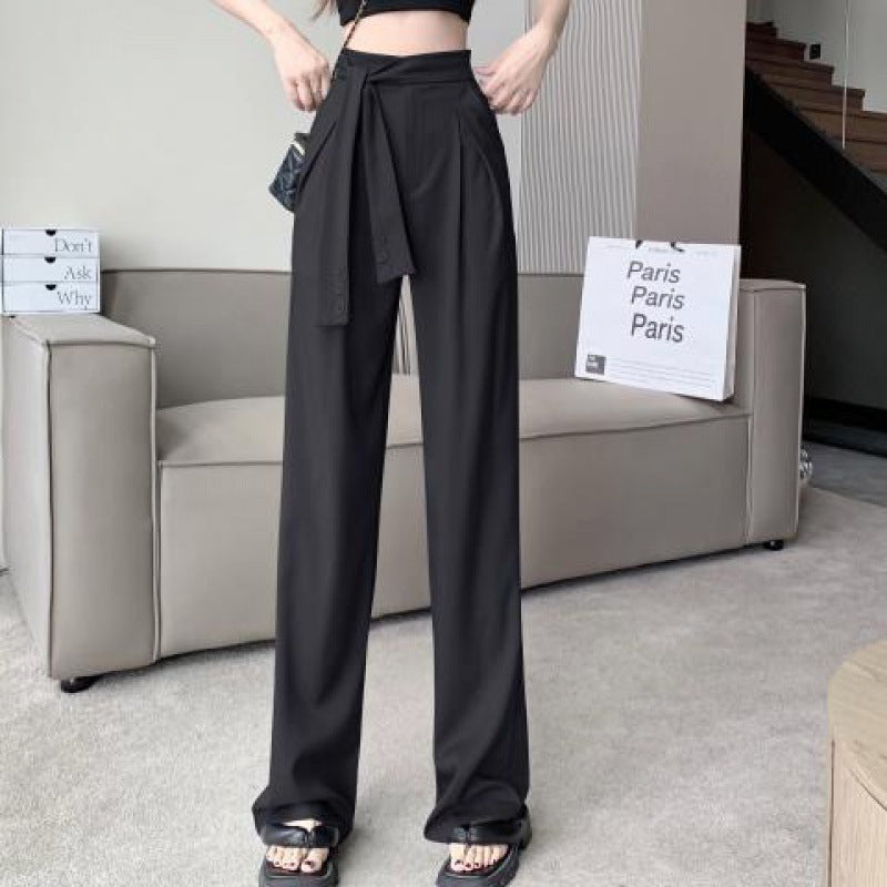 Gray Cotton Wide Leg Suit Pants for Women Lace-Up Drape
