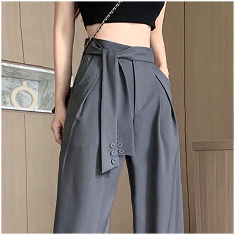 Gray Cotton Wide Leg Suit Pants for Women Lace-Up Drape