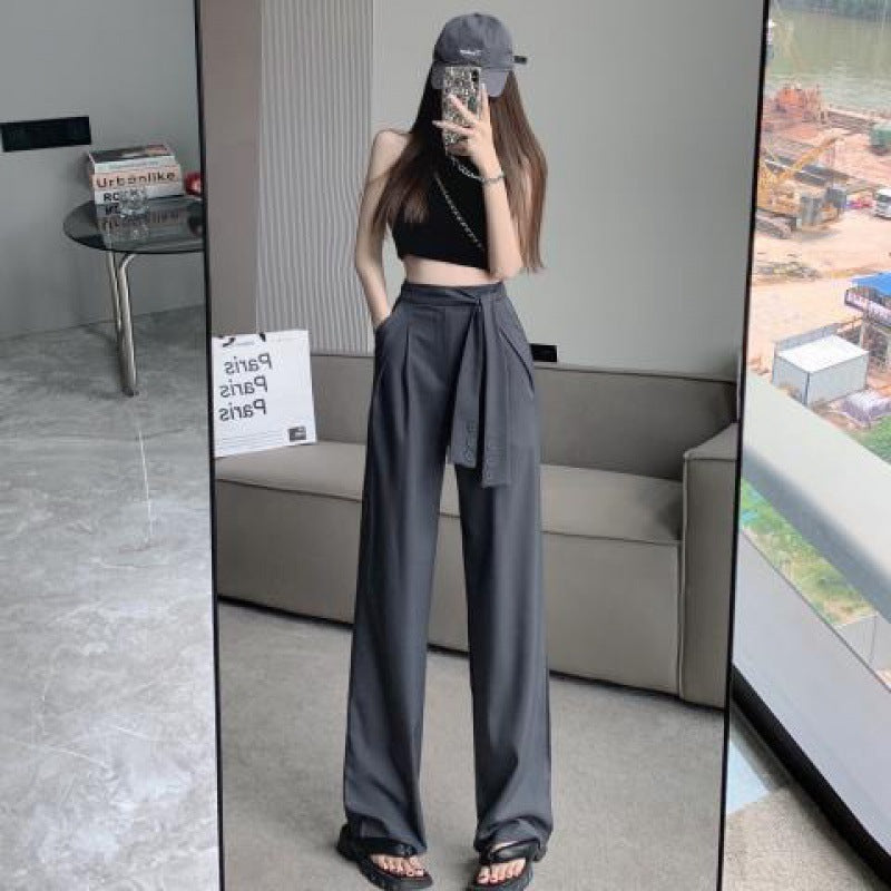 Gray Cotton Wide Leg Suit Pants for Women Lace-Up Drape