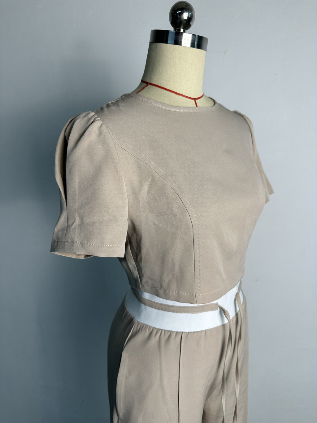 Fall 2023 Round Neck Puff Sleeve Top & Lace-Up Wide-Leg Pants Set