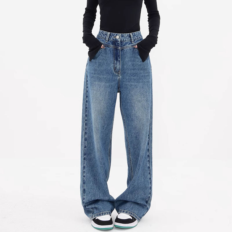 Women's Autumn Blue High Waist Loose Wide Leg Jeans