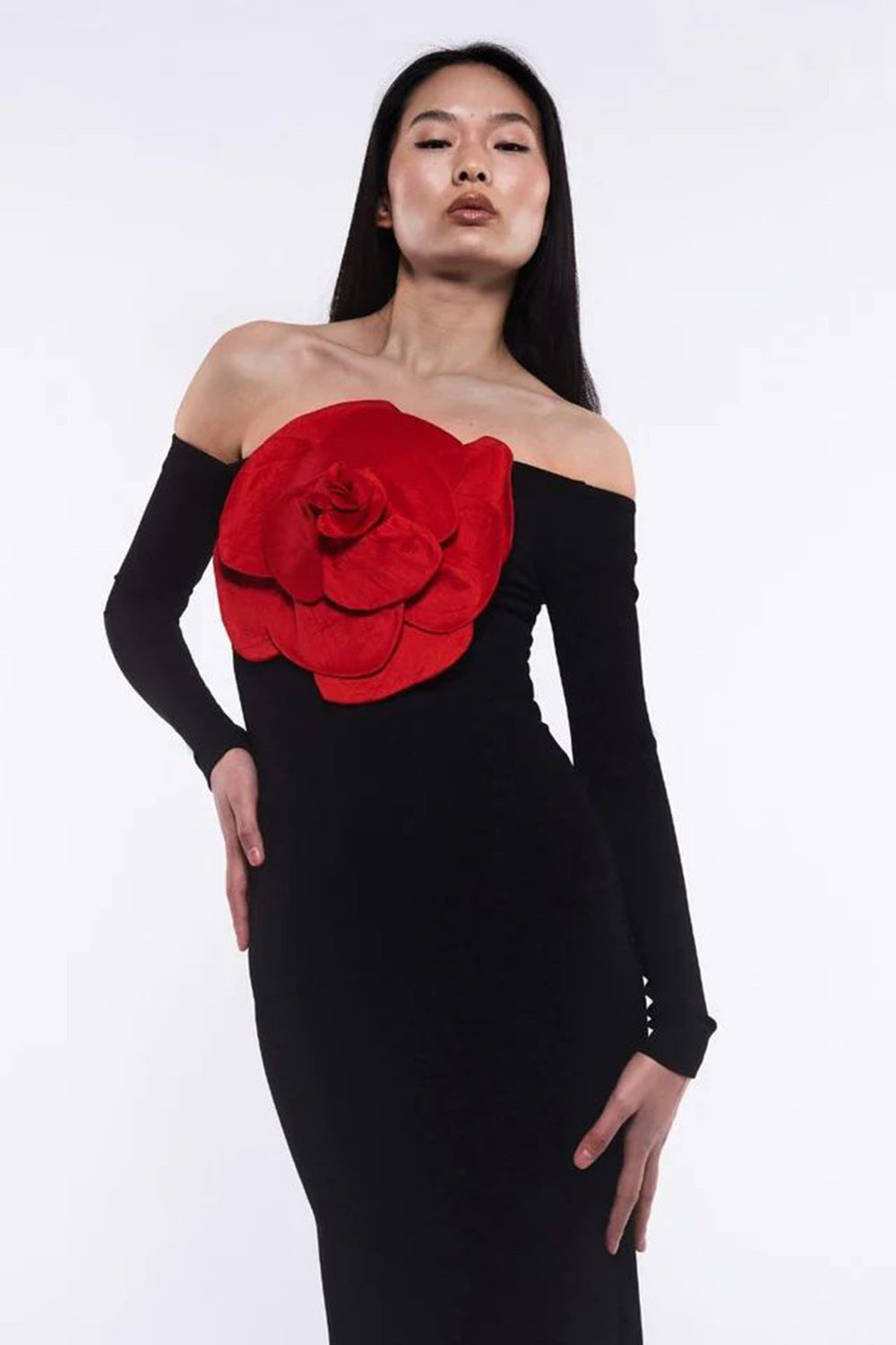 European & American Style Black Tube Top Slim Fit Backless Flower Split Dress