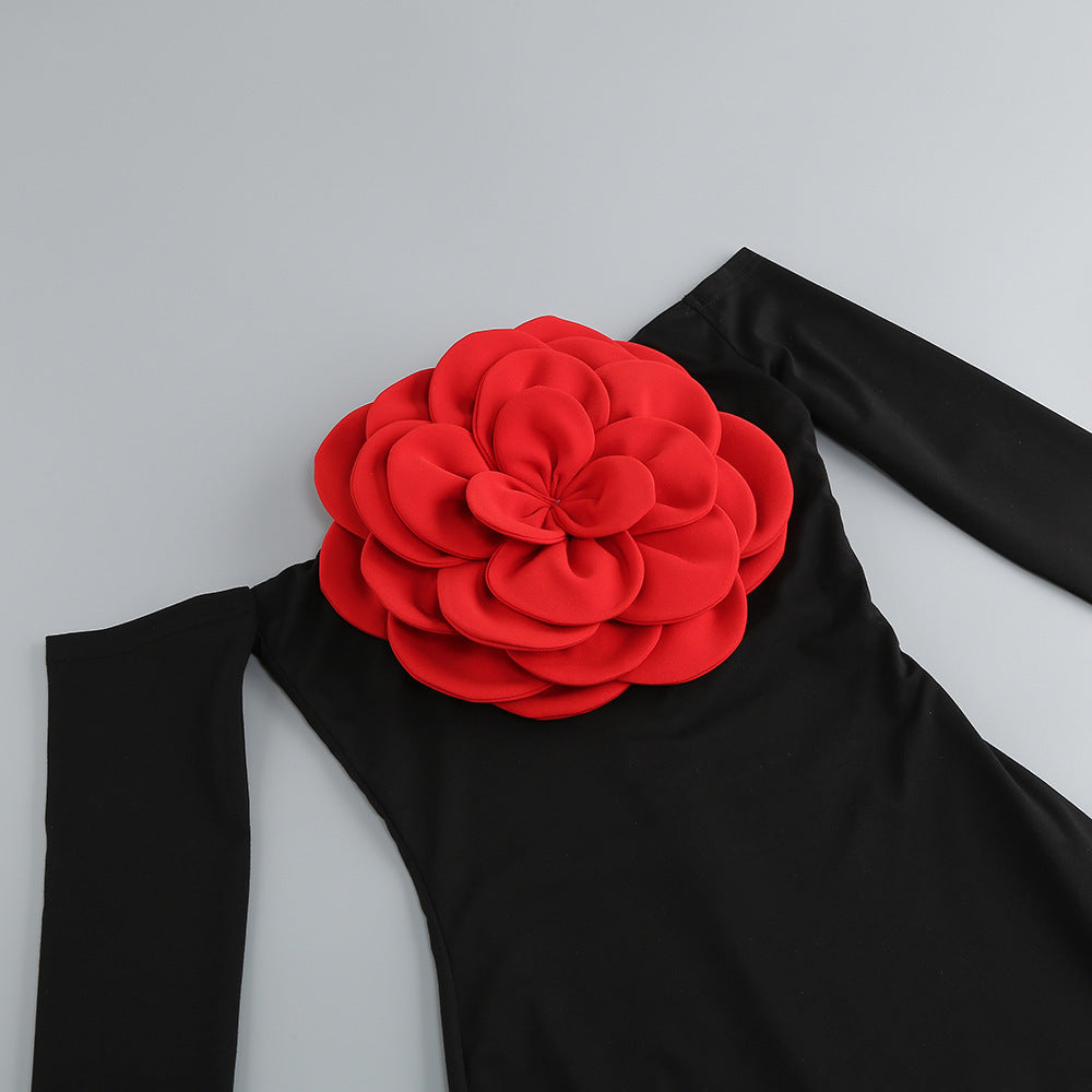 European & American Style Black Tube Top Slim Fit Backless Flower Split Dress