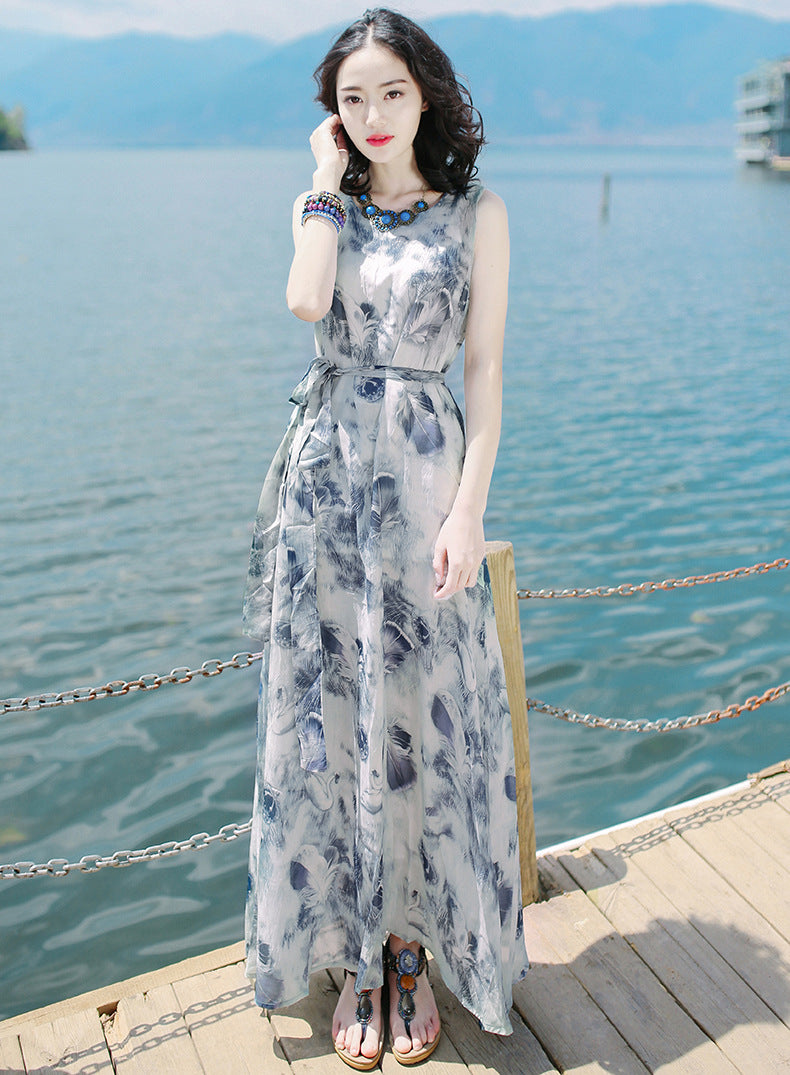 Robe longue bohème sans manches imprimée avec taille élastique pour femme