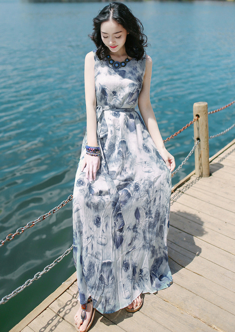Robe longue bohème sans manches imprimée avec taille élastique pour femme