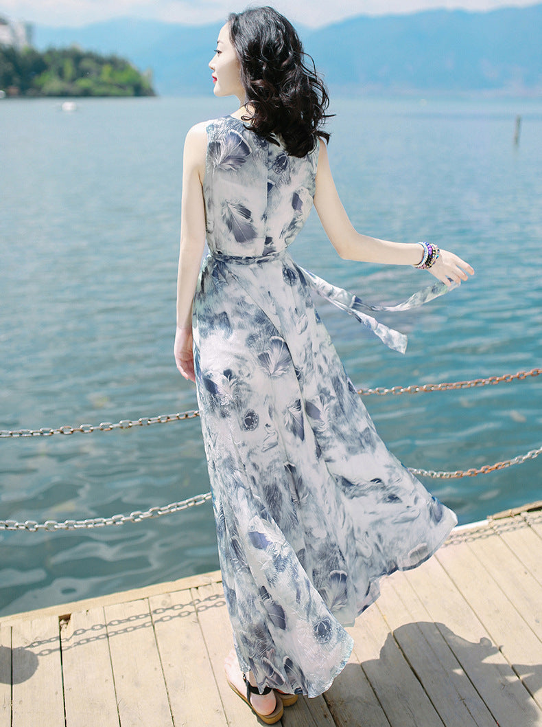 Robe longue bohème sans manches imprimée avec taille élastique pour femme