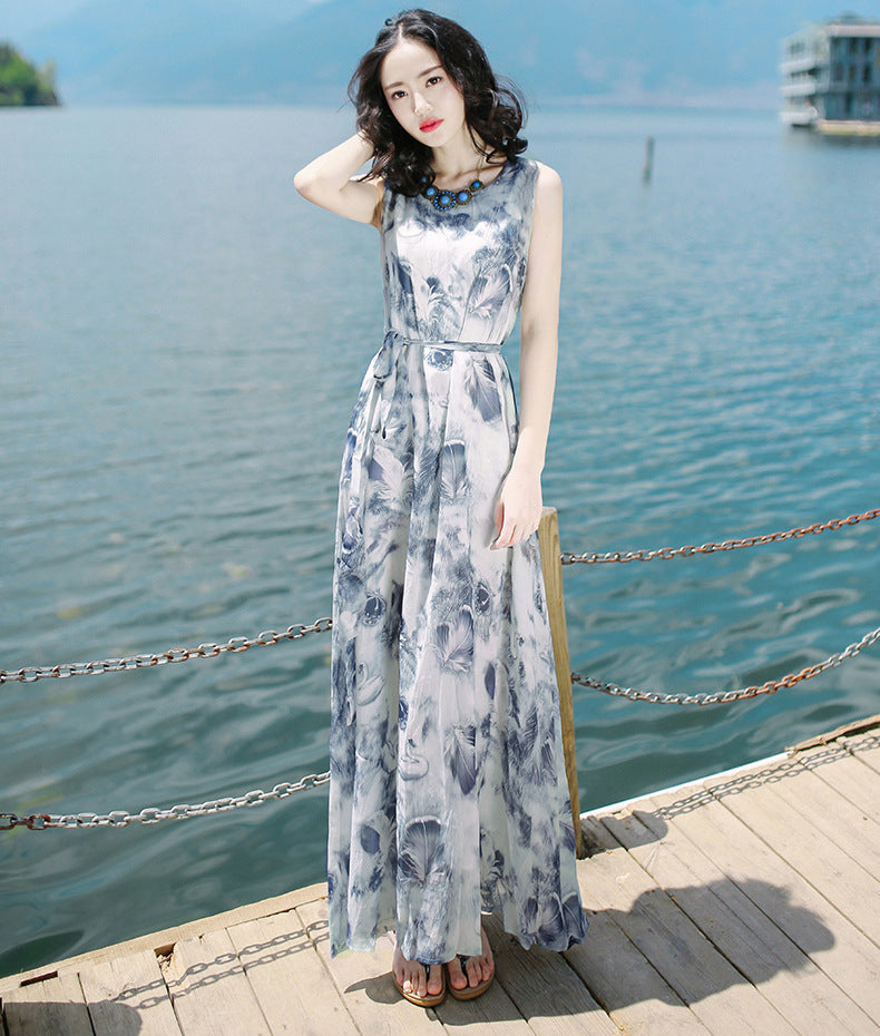 Robe longue bohème sans manches imprimée avec taille élastique pour femme