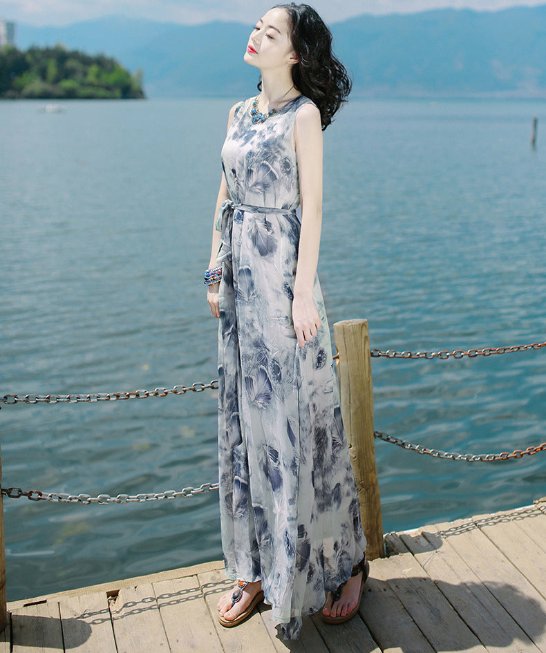 Robe longue bohème sans manches imprimée avec taille élastique pour femme