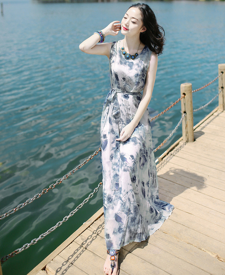Robe longue bohème sans manches imprimée avec taille élastique pour femme