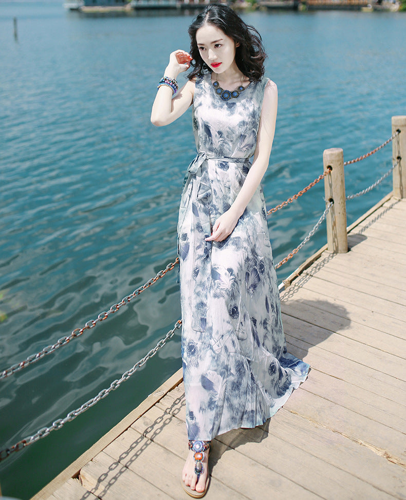 Robe longue bohème sans manches imprimée avec taille élastique pour femme
