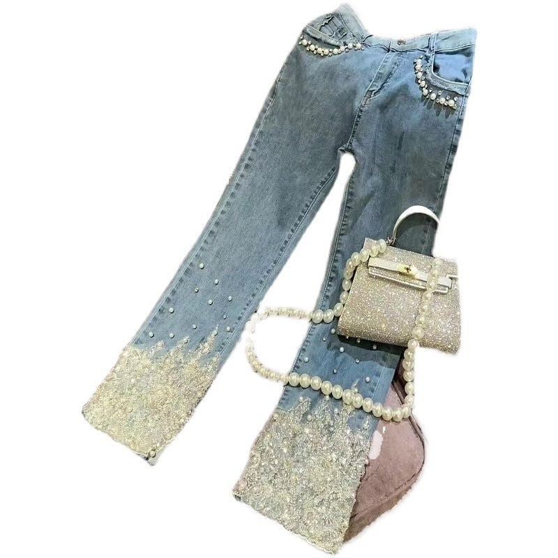 Jean droit taille haute bleu à sequins et perles pour femme