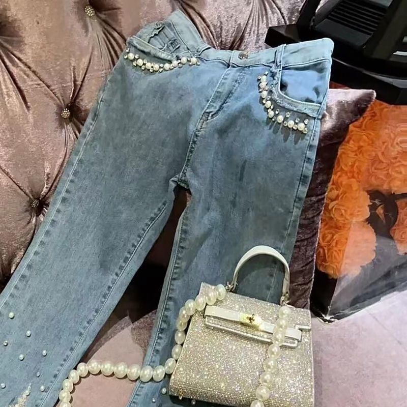 Jean droit taille haute bleu à sequins et perles pour femme