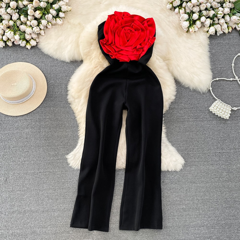 Women's Wide-Leg Straight Jumpsuit in Red, Black & White - S to XL
