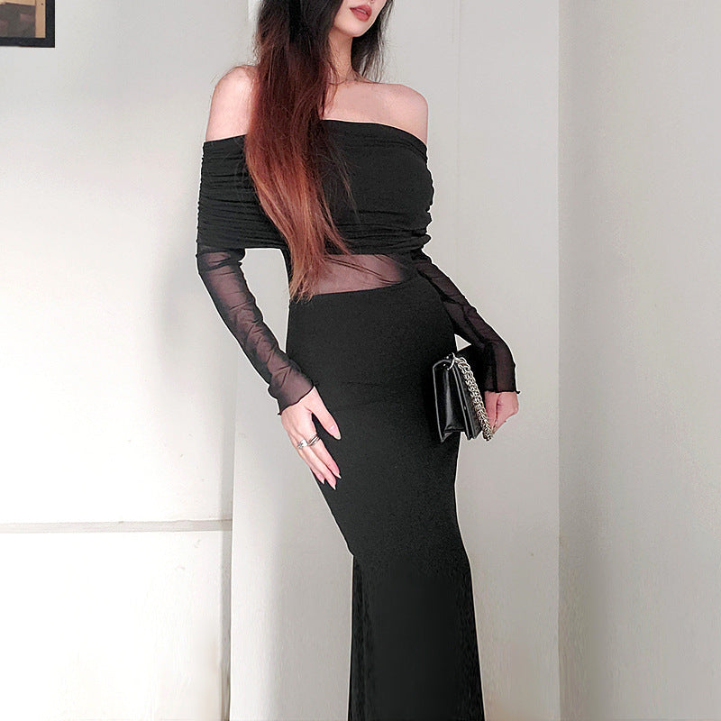 Robe d'hiver noire plissée en polyester à manches longues et épaules dénudées pour femme