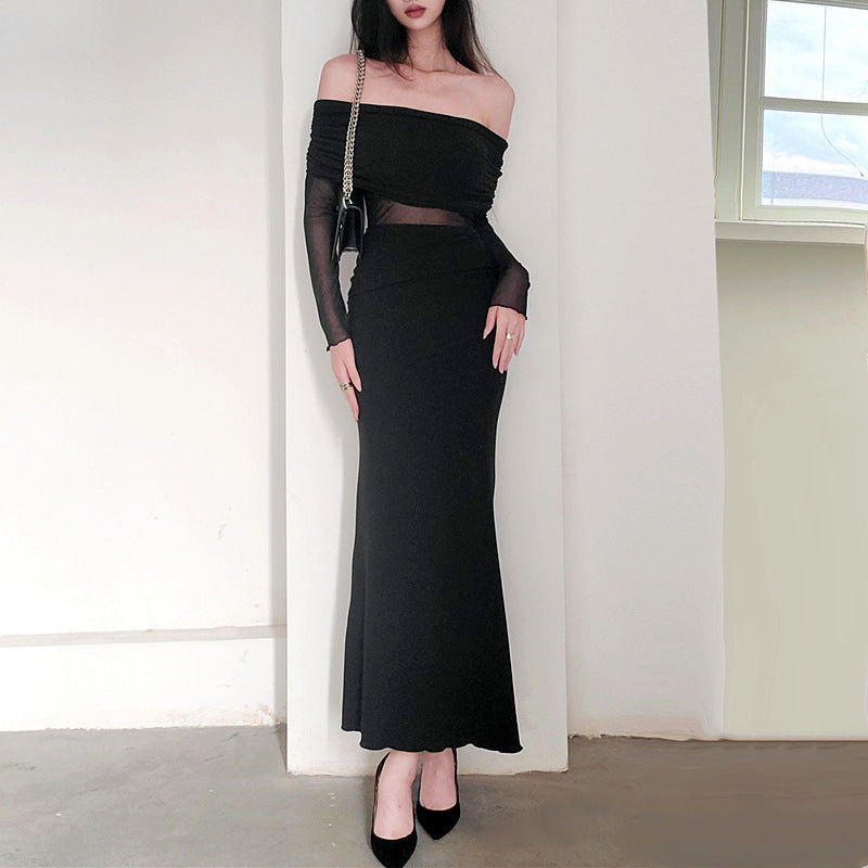 Robe d'hiver noire plissée en polyester à manches longues et épaules dénudées pour femme