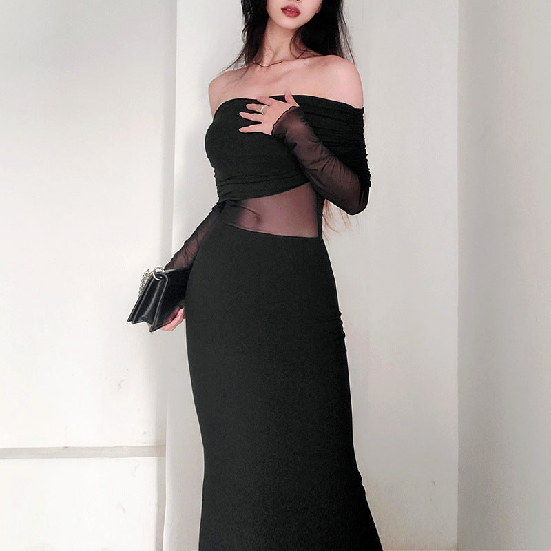 Robe d'hiver noire plissée en polyester à manches longues et épaules dénudées pour femme