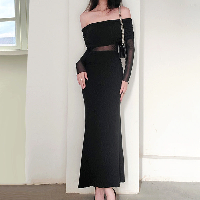 Robe d'hiver noire plissée en polyester à manches longues et épaules dénudées pour femme
