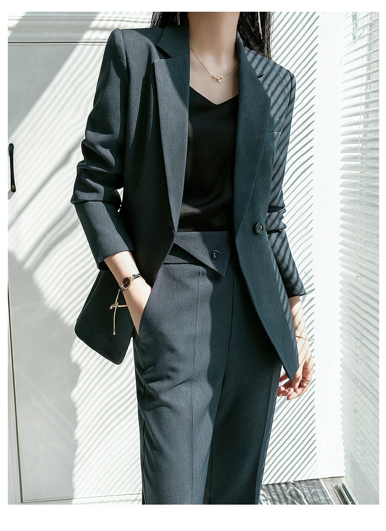 Women's Business Wear Jacket & Cropped Pants Suit in Blue Gray & Black, Sizes S-3XL