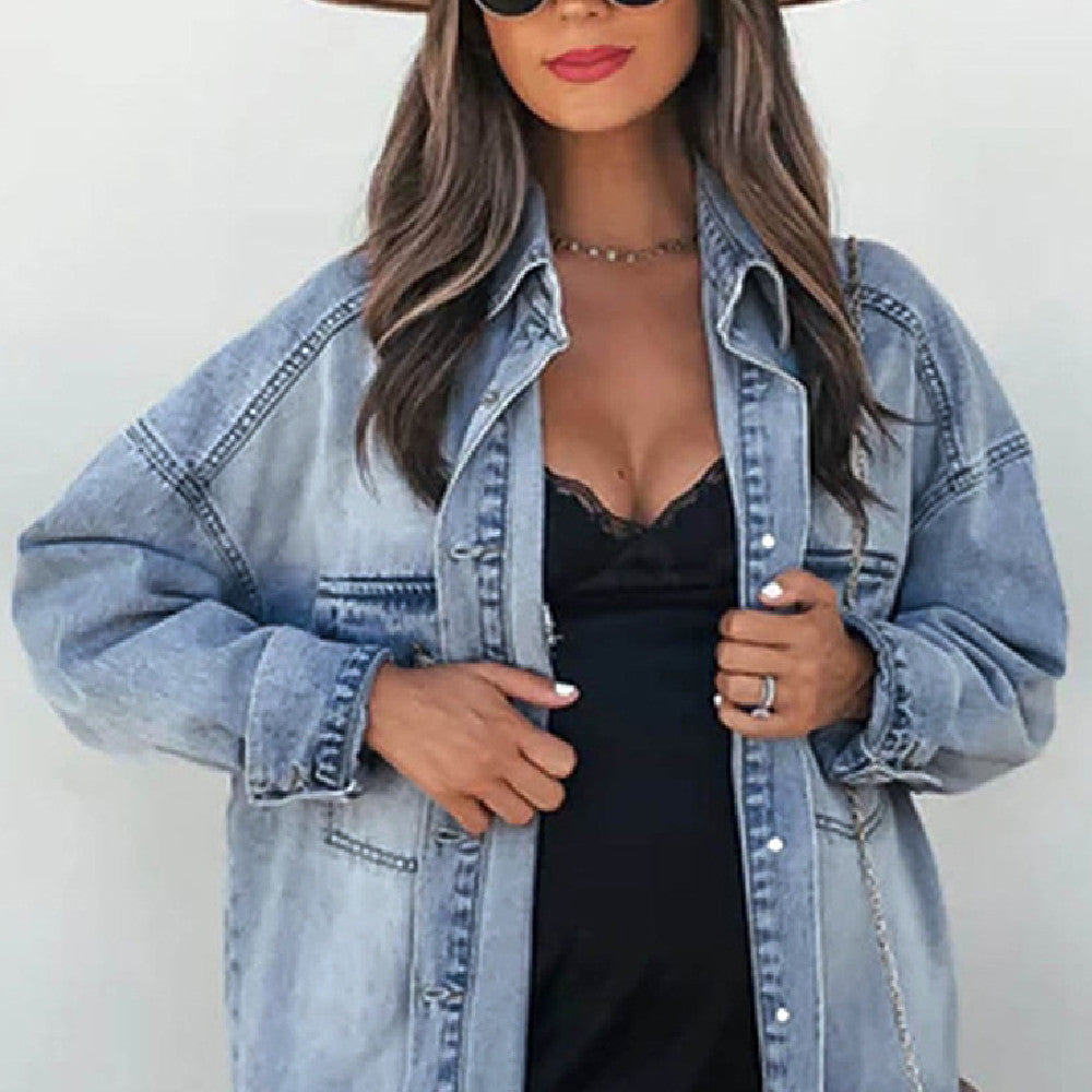 Haut à manches longues en jean de coton de style rétro pour femme