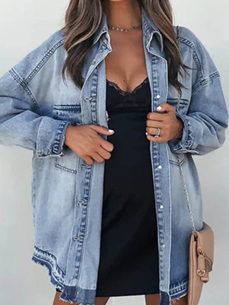 Haut à manches longues en jean de coton de style rétro pour femme