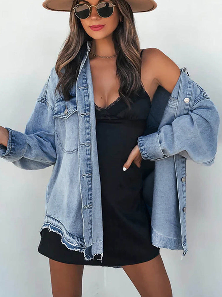 Haut à manches longues en jean de coton de style rétro pour femme