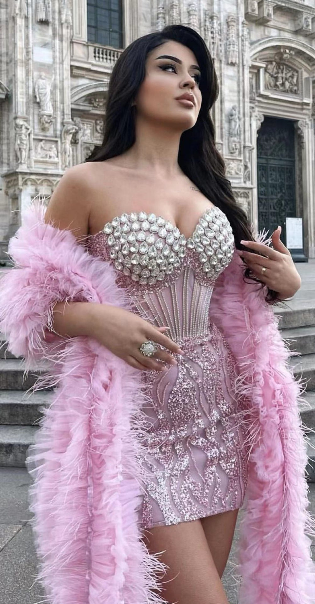 Women’s Pink Rhinestone Sequined Embroidered Tube Top Dress Cotton S-XL