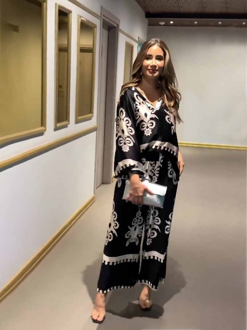 European And American Irregular Pattern Print Long Sleeve Top And Trousers Two-piece Set