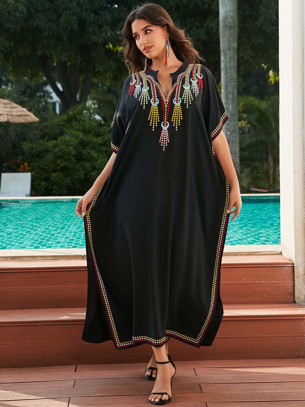 Robe de plage brodée en coton noir pour femme, taille unique