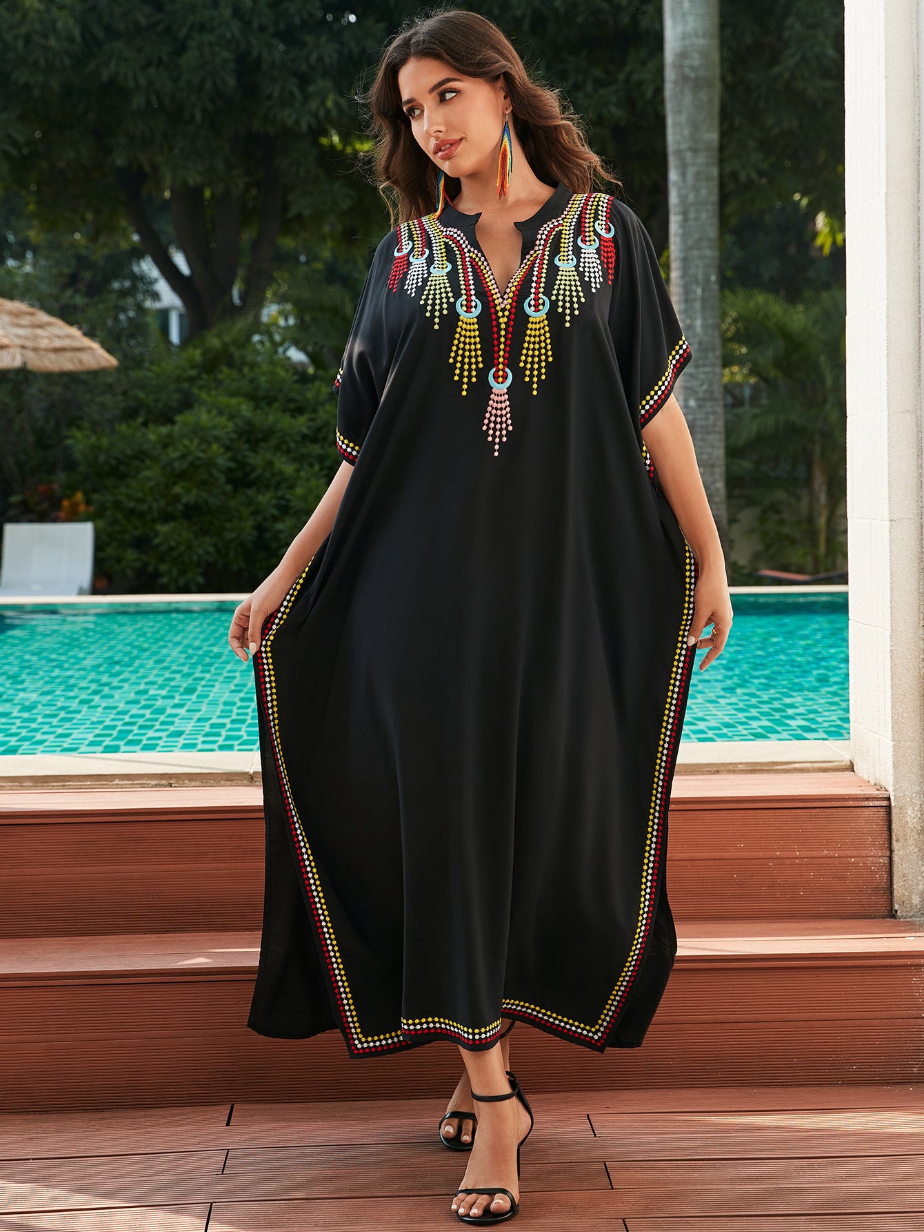 Robe de plage brodée en coton noir pour femme, taille unique