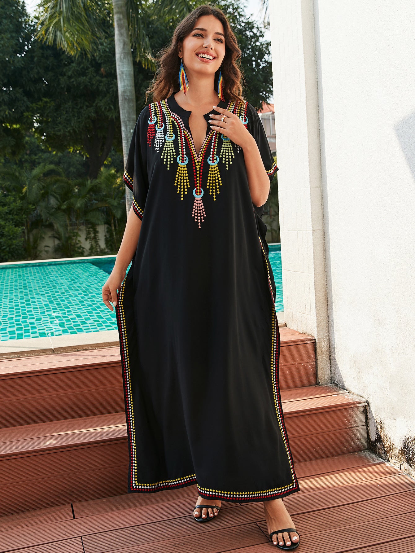 Robe de plage brodée en coton noir pour femme, taille unique