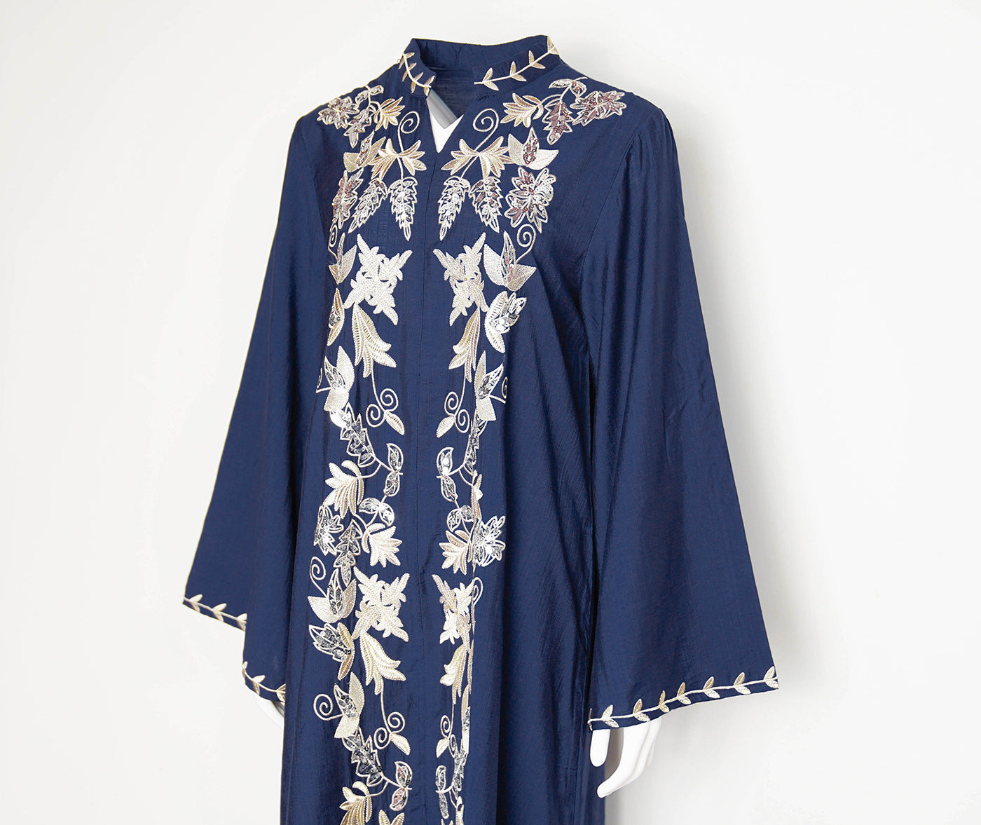 Embroidered Long Sleeve Evening Dress for Women in Dark Green & Blue