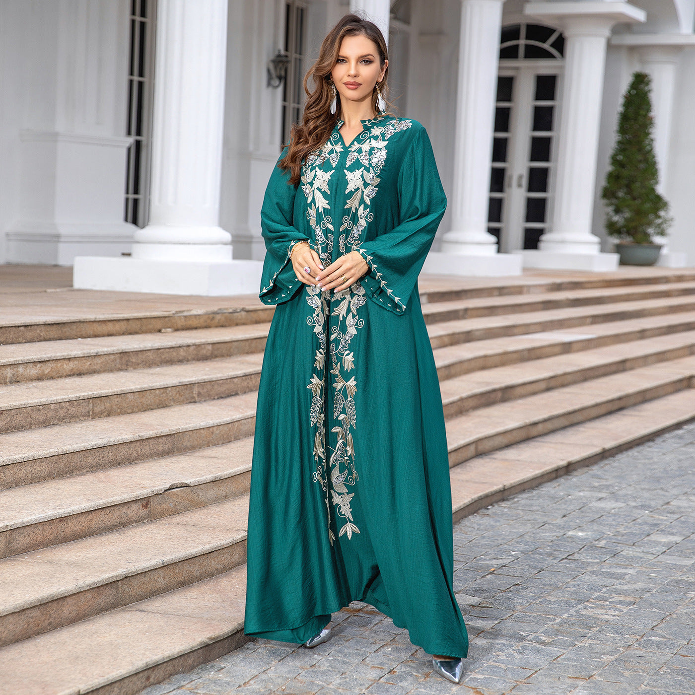 Embroidered Long Sleeve Evening Dress for Women in Dark Green & Blue