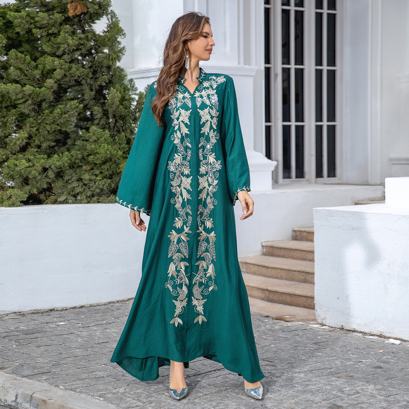 Embroidered Long Sleeve Evening Dress for Women in Dark Green & Blue